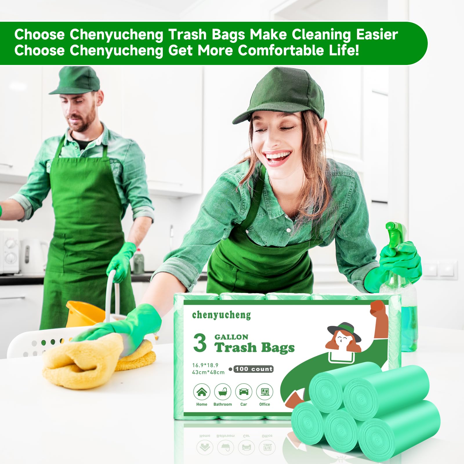 Bolsa de basura pequeña de 3 galones, color verde, mini bolsas de basura biodegradables, para cocina, oficina, coche, sin perfume, 100 unidades, 12 litros, compostables, fuertes y gruesas Chenyucheng