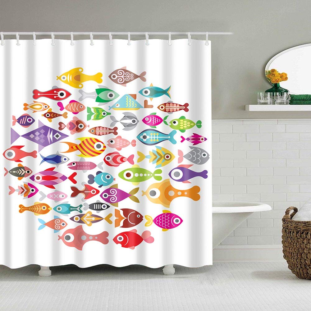 Boyouth Fish Various Cartoon Pattern Digital Print Blue Shower Curtains For Bathroom Decor,Polyester Waterproof Fabric Bath Curtain With 12 Hooks,70X70 Inches,Multicolor
