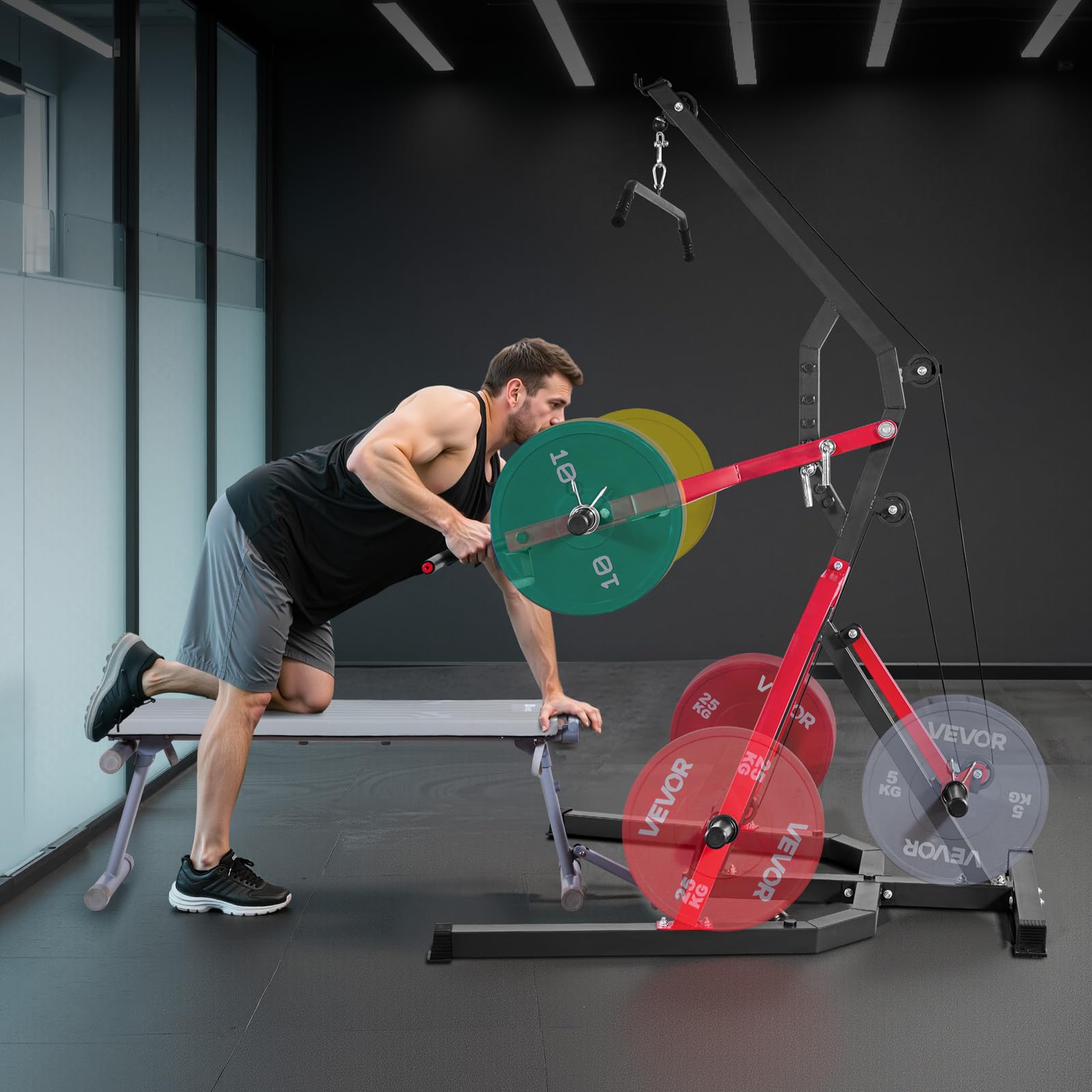 VEVOR Équipement de Gym à Domicile pour Squats, Station de Musculation à Levier avec Système LAT et Tirage Poulie Basse à Ratio 2:1, pour Flexions des Biceps, Entraînement pour Tout Le Corps