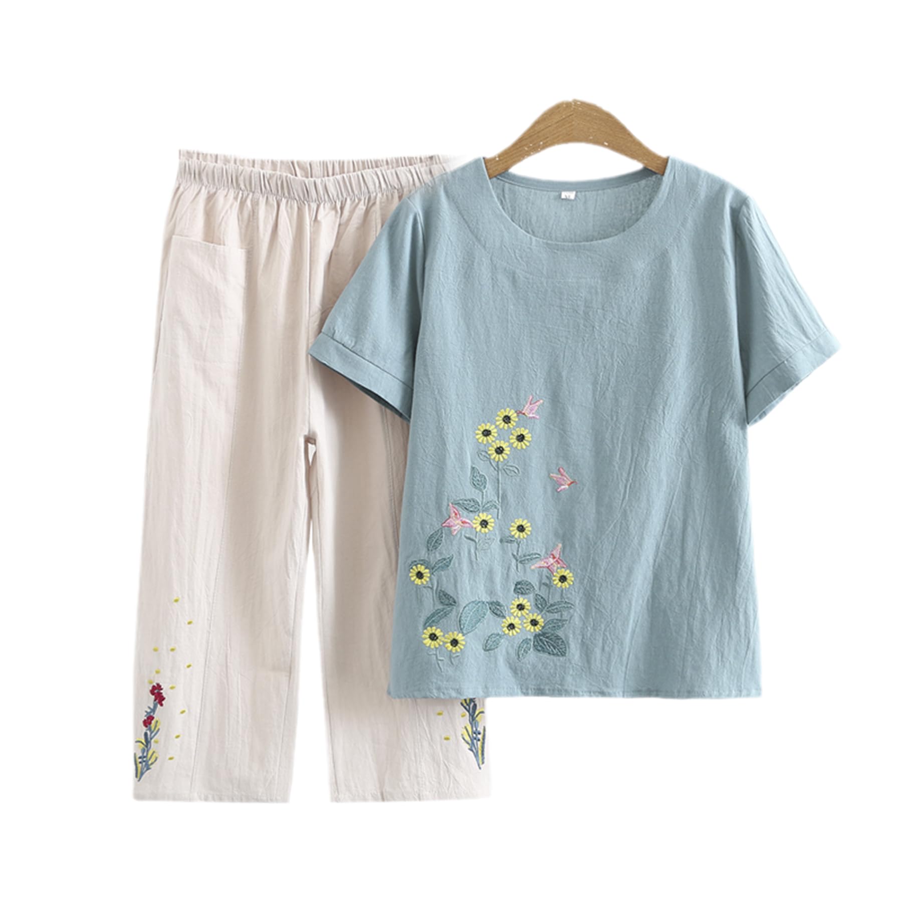 GenericWomen Tang Suit Hand Embroidery Traditional Clothes Elderly Tai Chi Uniform Kung Fu Clothing Short Sleev