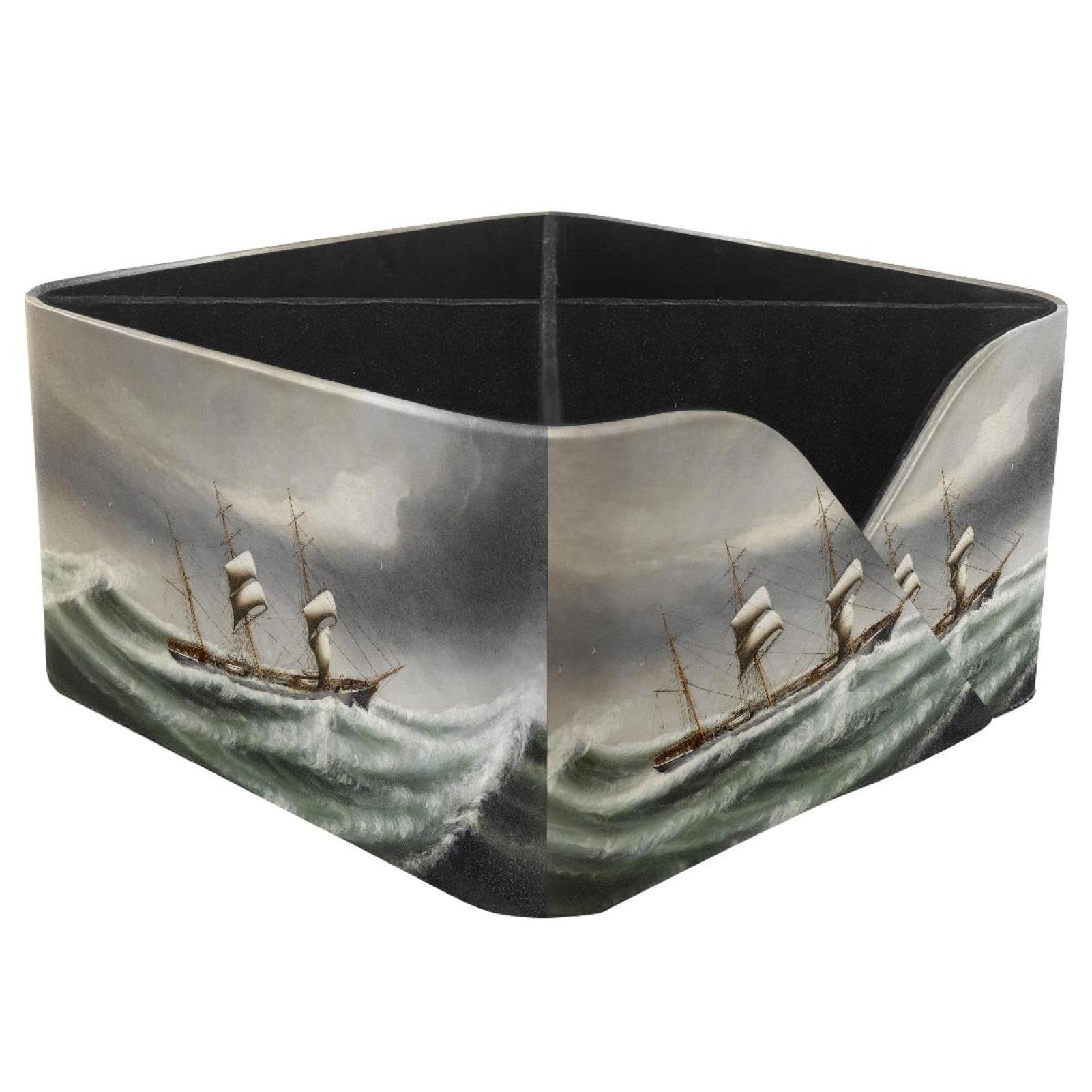 KengjuTesu Boat in Stormy Desktop Organizer Pen Holder, Rectangular Pencil Cup for Office, Study and Makeup Stations
