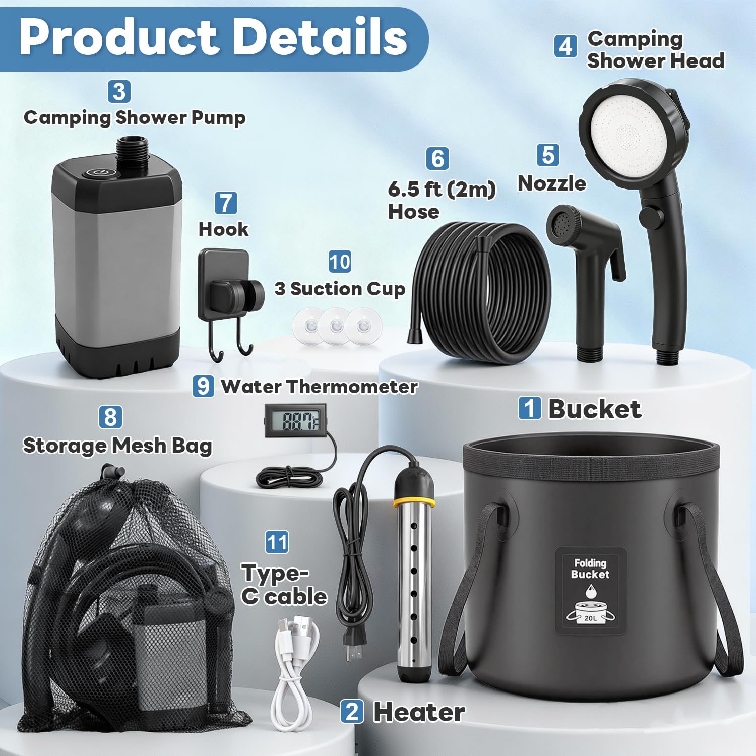 Ducha portátil con calentador de 1500 W, calentador de agua para camping con cabezal de ducha, 3 modos de pulverización, bomba de ducha recargable de 6000 mAh con pantalla LED, cubo plegable para