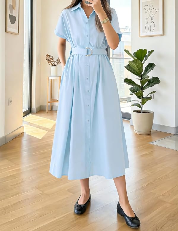 ZESICA Women's Summer Button Down Short Sleeve Midi Dress LightBlue XL by ZESICA - Used condition - Image 2