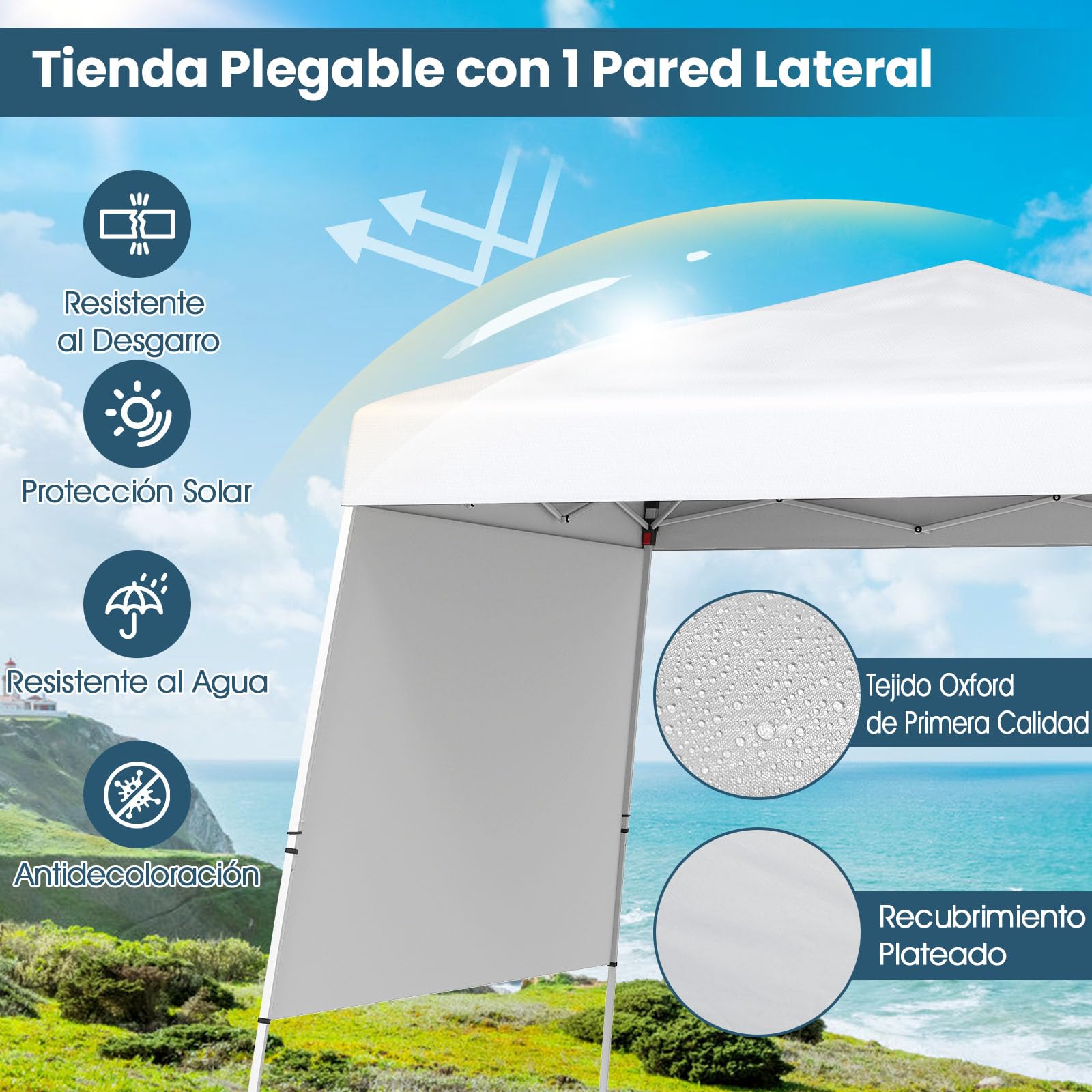 GOPLUS Carpa Plegable 3x3 M, Cenador Pop-up con 1 Pared Lateral, Protección Solar, 4 Clavos, Marco de Metal, Bolsa de Transporte, Refugio Portátil para Acampadas, Picnic (Blanca, 300x300x262 cm)