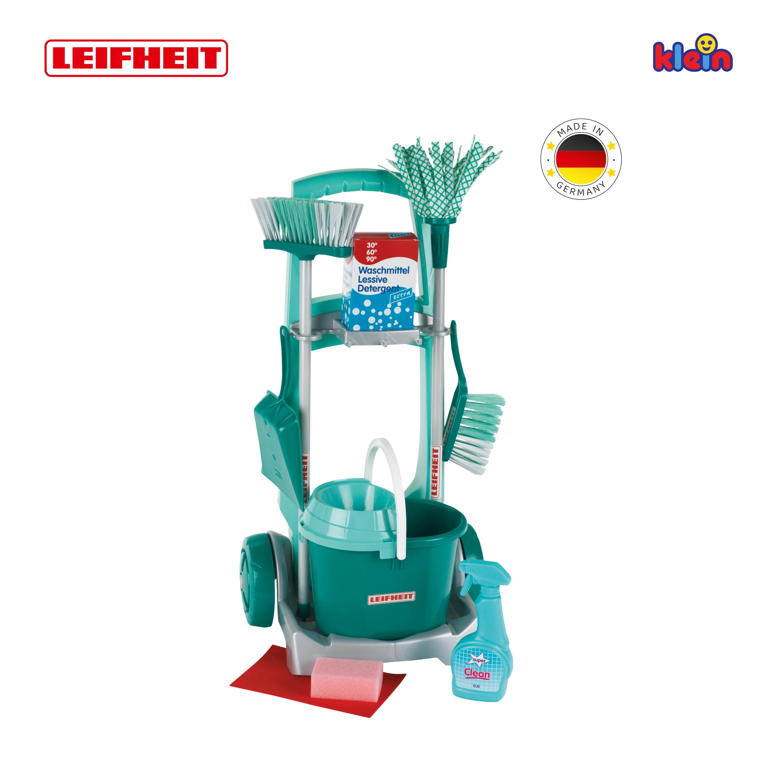 Theo Klein 6562 Chariot de ménage Leifheit - Livré avec de Nombreux Accessoires : Balai, Balai à Franges, Pelle et balayette, Seau, etc - Dimensions : 29 x 24 x 60 cm - pour Enfants à partir de 3 Ans