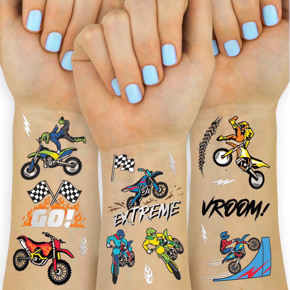 xo, Fetti Dirt Bike Temporary Tattoos Party Decorations - 48 Silver Foil | Birthday Party Decorations, Motocross Accessory, Motorcycle Theme Favor, Boys Bicycle Gift + Supplies, Checker Flag Décor