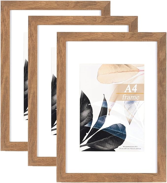 Brown Wooden Picture Frame A4 with Mount,Set of 3,A4 Picture Frame,A4 Poster Frame,A4