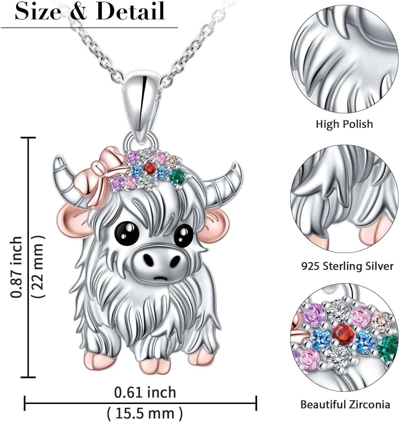 Alphm Highland Cow with Bow Necklace 925 Sterling Silver Scottish Cow Pendant Cute Highland Cow Jewelry for Women Highland Cow Lovers Present - Image 6