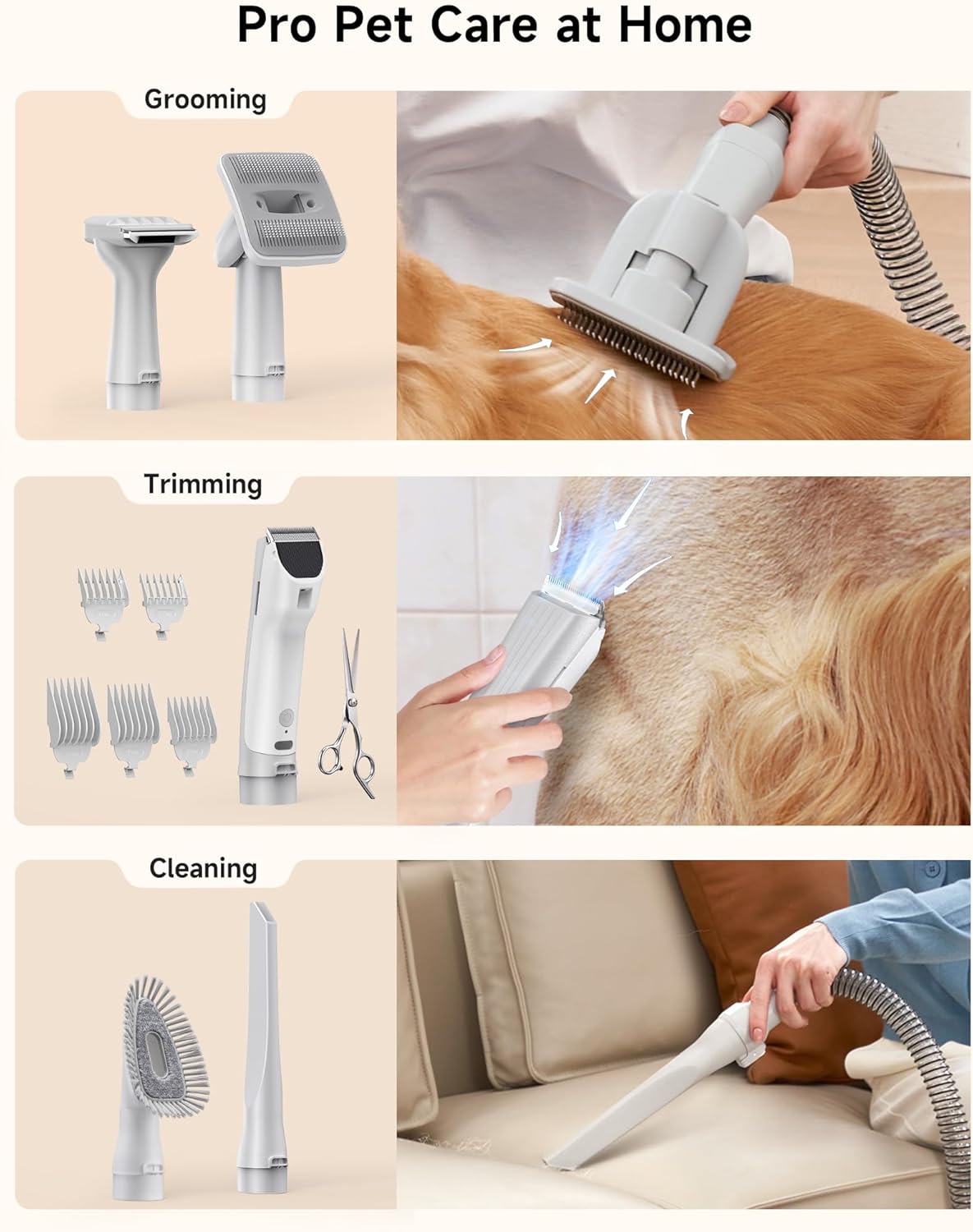 Hicozy S1+ Dog Vacuum Brush for Shedding Grooming, 6 in 1, Minimum 45dB