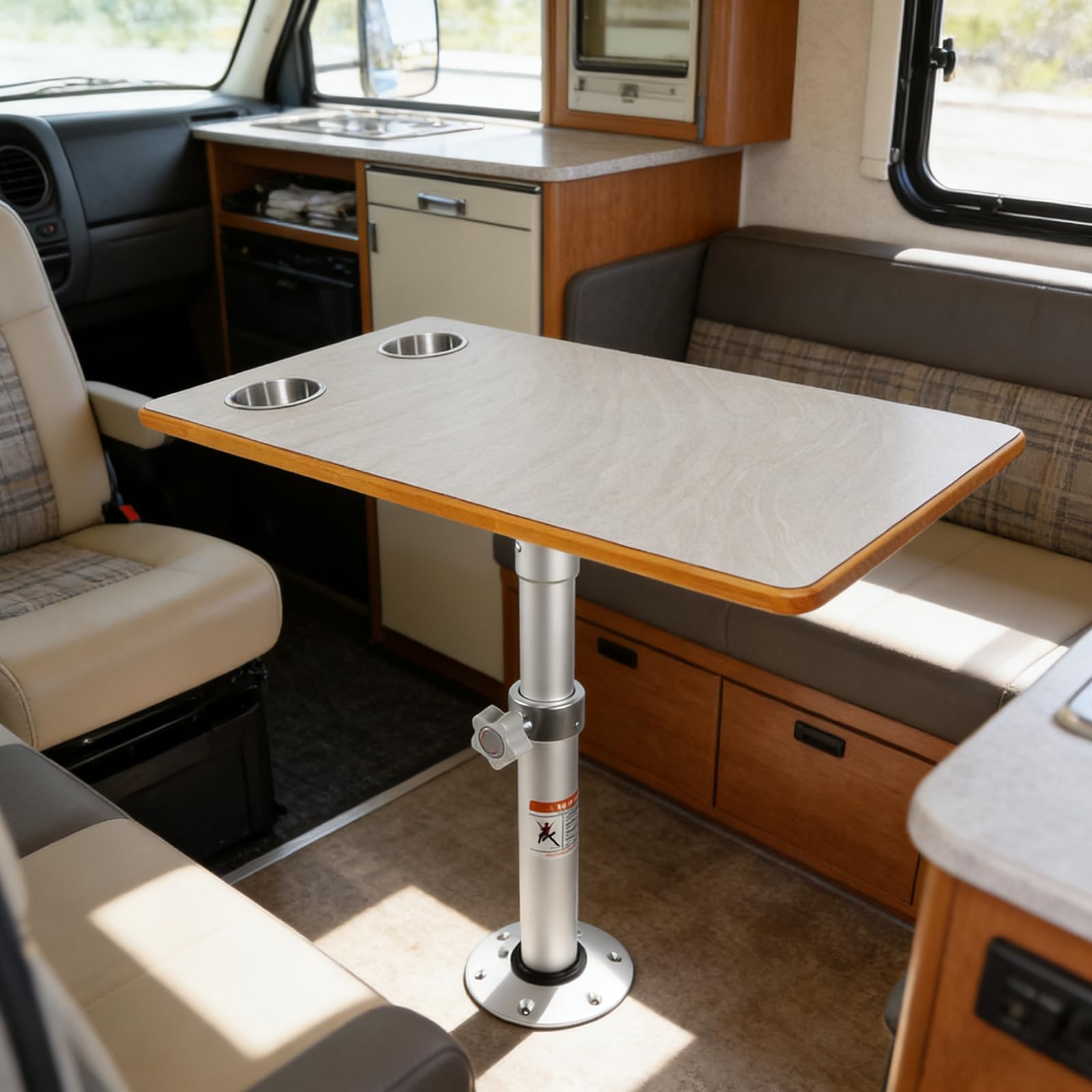 Mesa RV de doble base, sistema con patas de aluminio y base de trípode, mesa extraíble de 31.5 x 15.8 pulgadas con 2 portavasos para cámper, barco, pontón, remolque de viaje (uso en