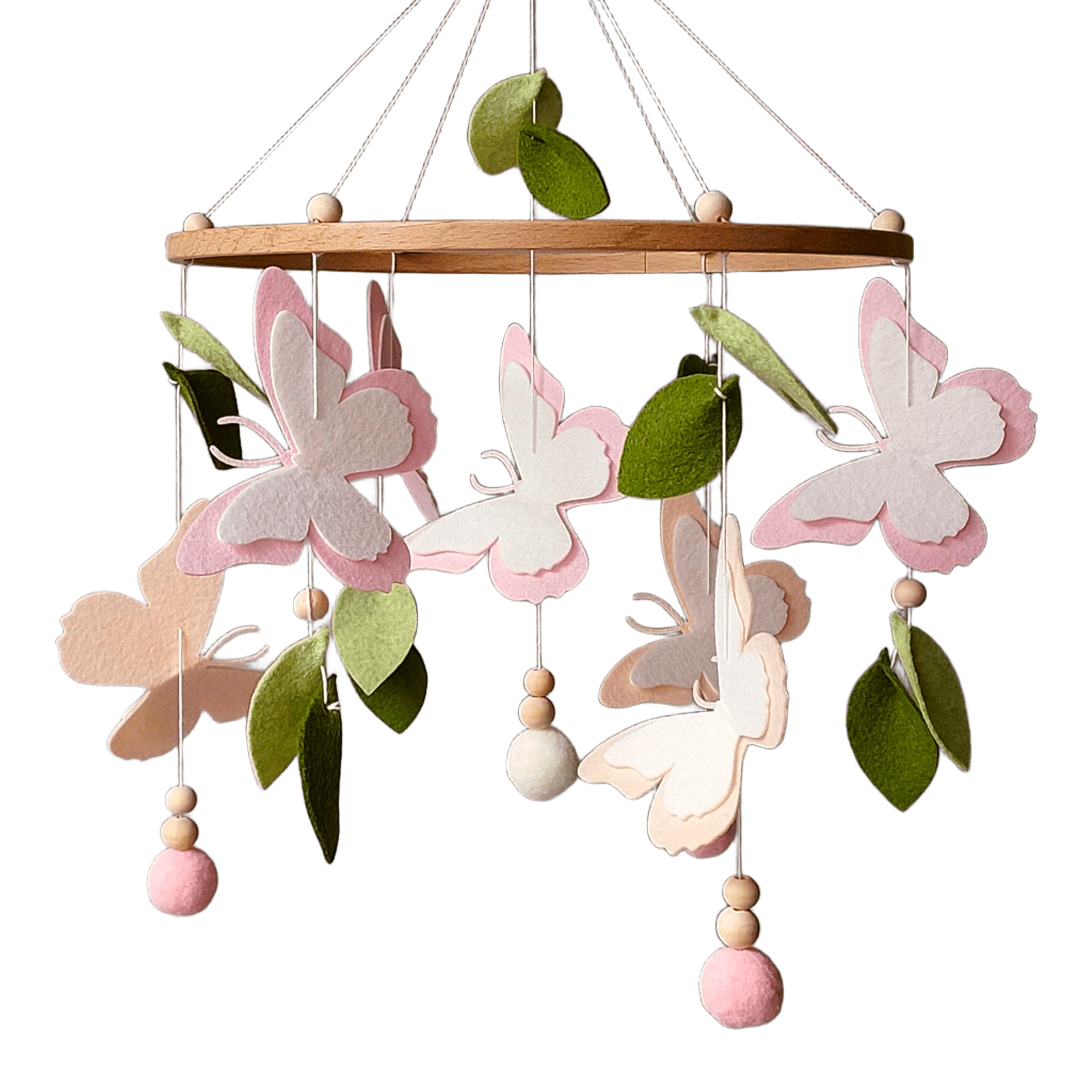 Schmetterlings Baby Mobile für Mädchen – Florales Filz-Mobile mit Blättern & Blumen – Botanische Boho Deko fürs Babyzimmer – Handgemachtes Hängemobile für Wiege oder Kinderbett