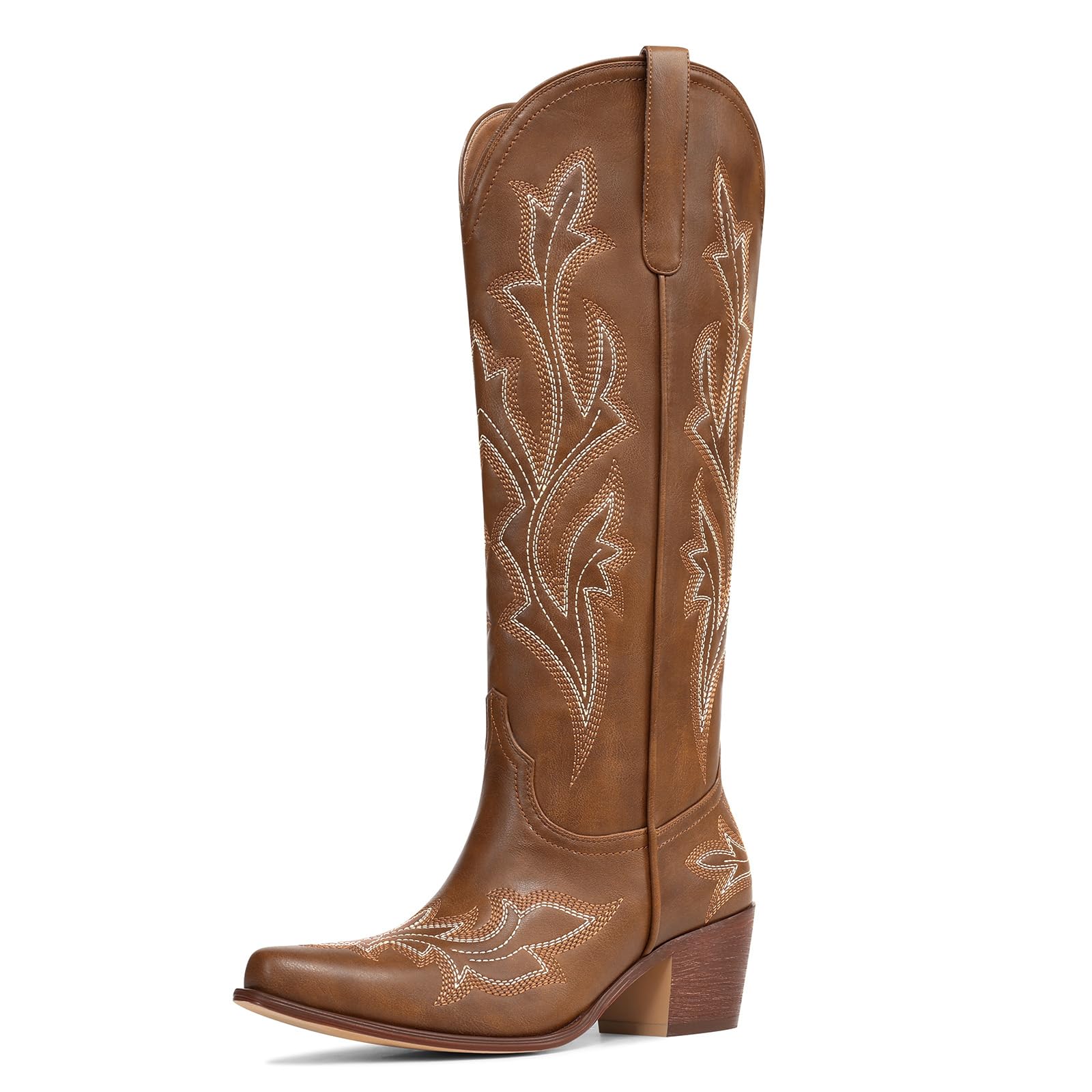 MUCCCUTE Cowboy Boots for Women Western Cowgirl Boots Knee High Pointed Toe Chunky Heels Embroidered Pull On Country Tall Boot