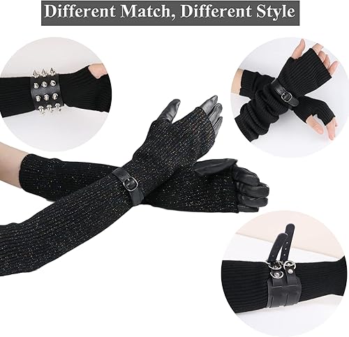 Miniatura 6 de Facecozy Calentadores de brazos para mujer, mezcla de lana de cachemira, guantes largos sin dedos para mujer, guantes para clima frío con agujero