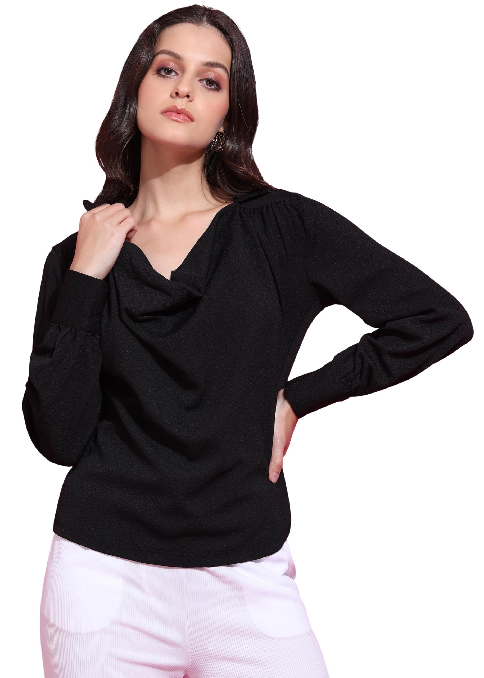 saffe Women's Casual Solid Polyester Spandex Long Sleeve Cowl Neck Detailed Top-picture-36