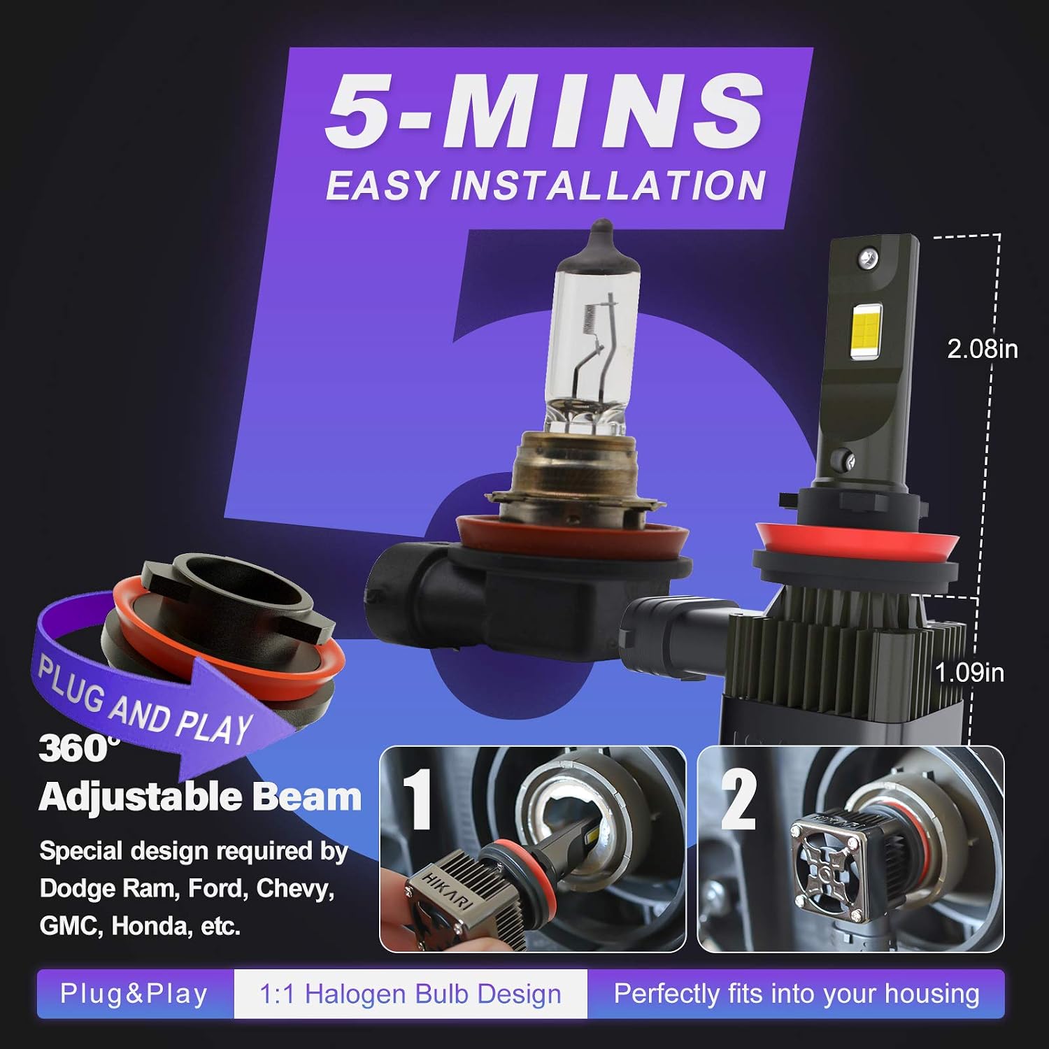 Hikari 2022 HyperStar 9012/HIR2 20000LM Wireless LED Bulbs, Dual Beam, 32W Acme-X LED Equivalent to 150W Ordinary LED, Wider Driving Vision, Halogen Upgrade Replacement, 6000K White IP68