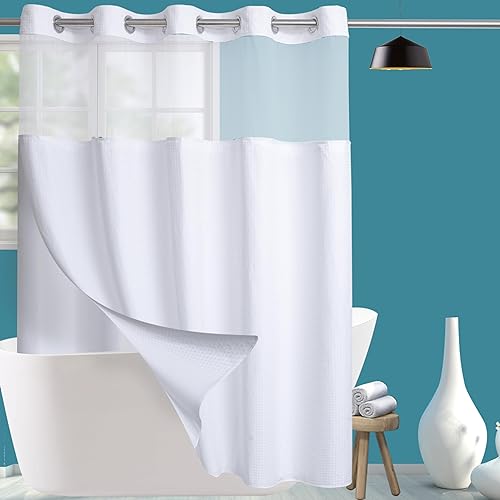 Juego de cortinas de ducha de tela de grado hotelero con forro a presión para baño, no requiere ganchos, con ventana superior transparente, cortina