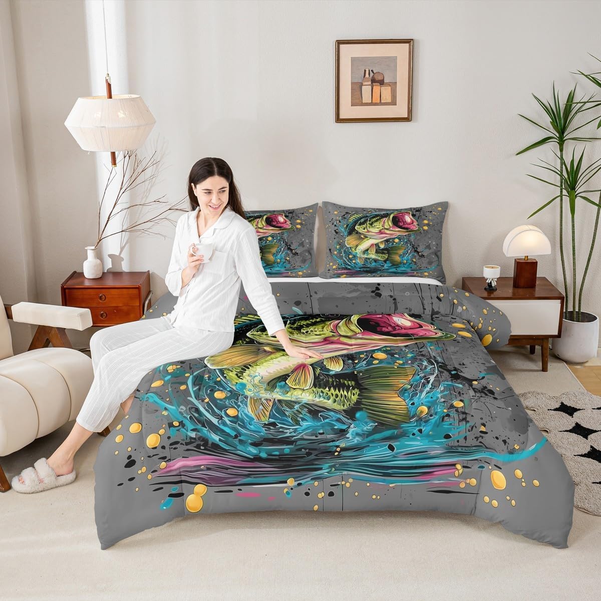 Erosebridal Teens Hunting and Fishing Bedding Set, Fishing Queen Comforter Set, Big Pike Fish Comforter Ocean Life Tie Dye Quilt with 2 Pillowcases for Kids Boys Youth Men Lake Cabin Decor