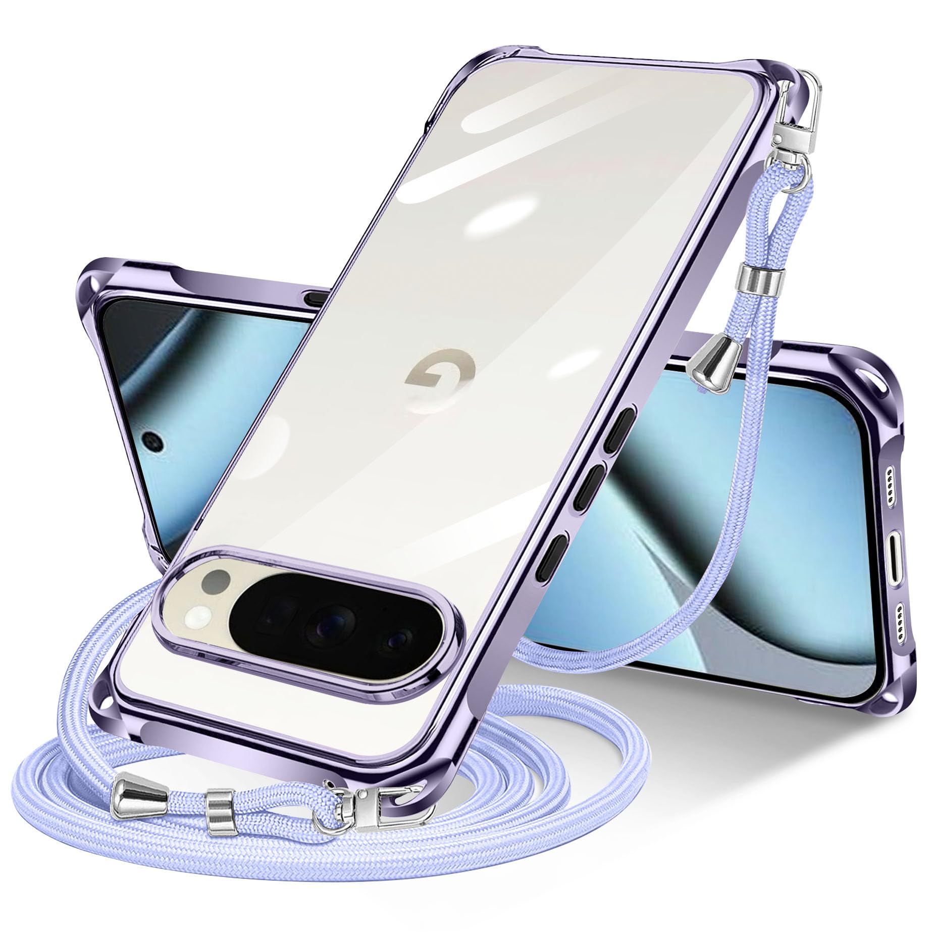 NISIILNG Google Pixel 10 / Pixel 10 Pro 用 ケース クリア ショルダー pixel10 / 10pro 用 スマホケース ピクセル 10 カバー 肩掛け 斜めかけ 縄掛けケース 透明 薄型 軽量 TPU 紐付き 斜めがけ 織りストラップ付き ネックストラップ ショルダー 縦/横 2WAY 長さ調整可能 取り外し可能 落下防止 紛失防止 (パープル)
