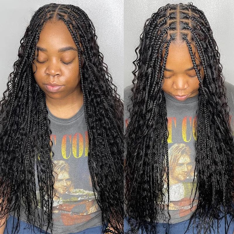 Alipearl Wig 36 Inch Knotless Braided Wigs Boho Braided Wig With Curly Ends 13x6 Lace Front Wig Synthetic Hair Goddess Triangle Braids Wig