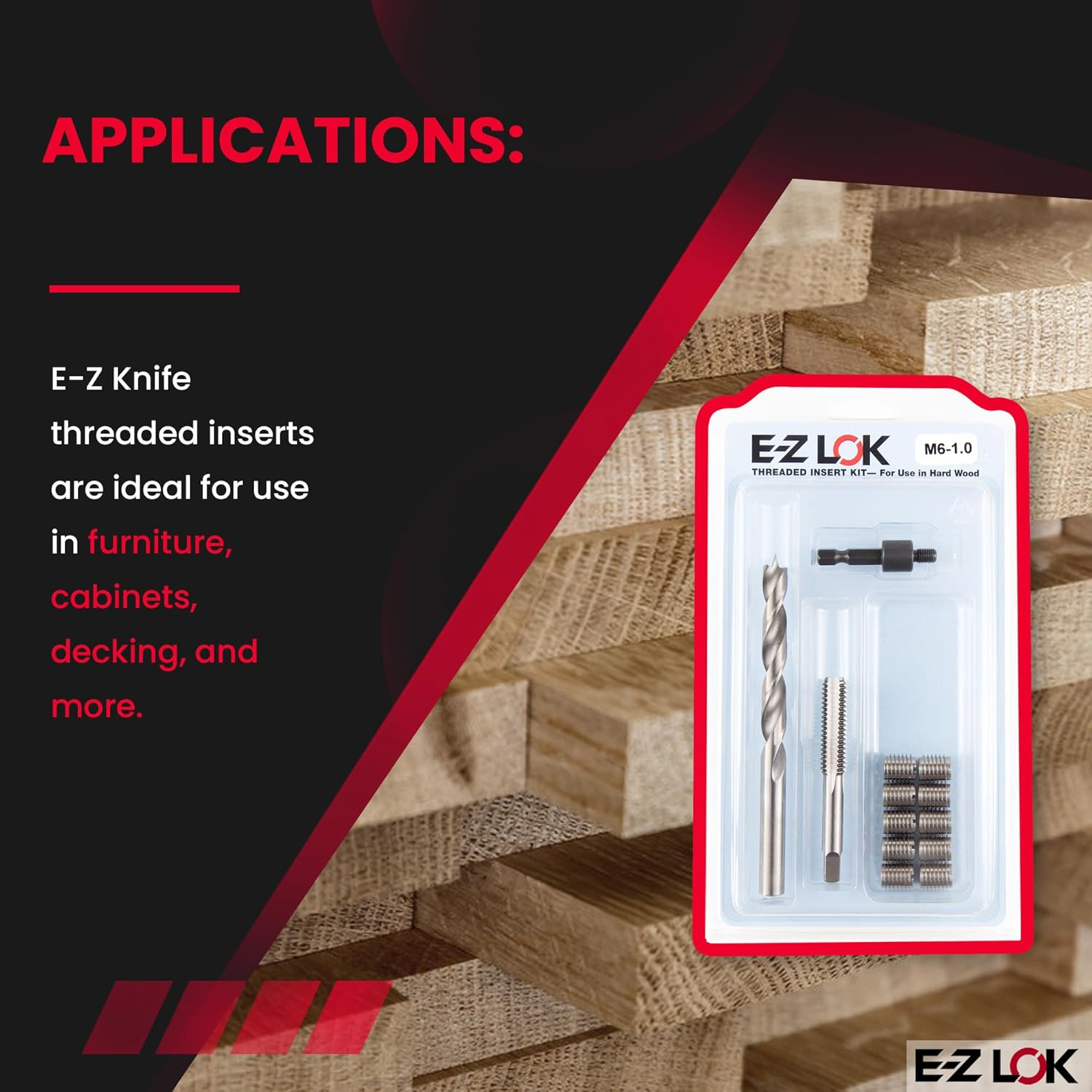 E-Z LOK Threaded Insert Installation Repair Tool Kit for Hard Wood - Includes Stainless Steel Thread Inserts, Drill, Tap, and Drive-Tool M6-1.0 (EZ-T400-M6-CR)