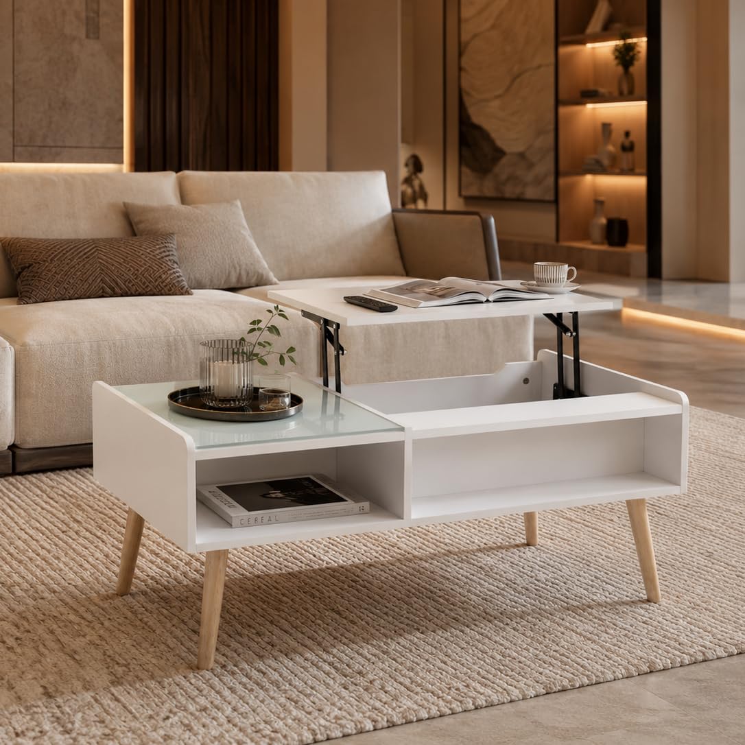 Couchtisch Wohnzimmertisch ausziehbar - mit höhenverstellbarer Platte und verstecktem Stauraum Sofatisch Kaffeetisch Beistelltisch - Fernsehtisch aus Holz und Glas Wohnzimmer Möbel Tisch Weiß