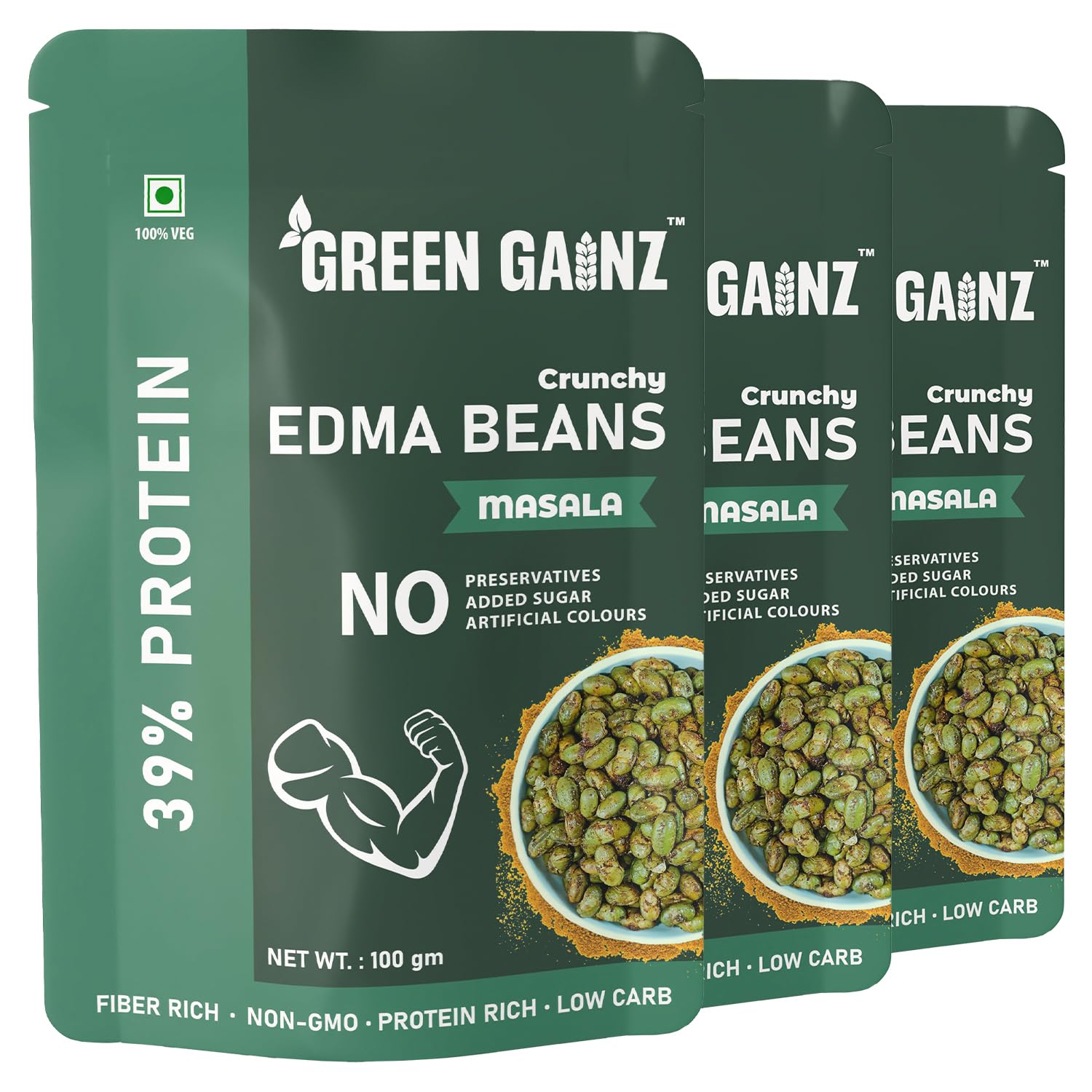 Green Gainz Roasted Edma Beans (Edamame) Masala Flavour (pack of 3-100gm each) |100% Veg High Protein Snack | No Added Sugar | Non-GMO | Rich in Fiber | No Gluten