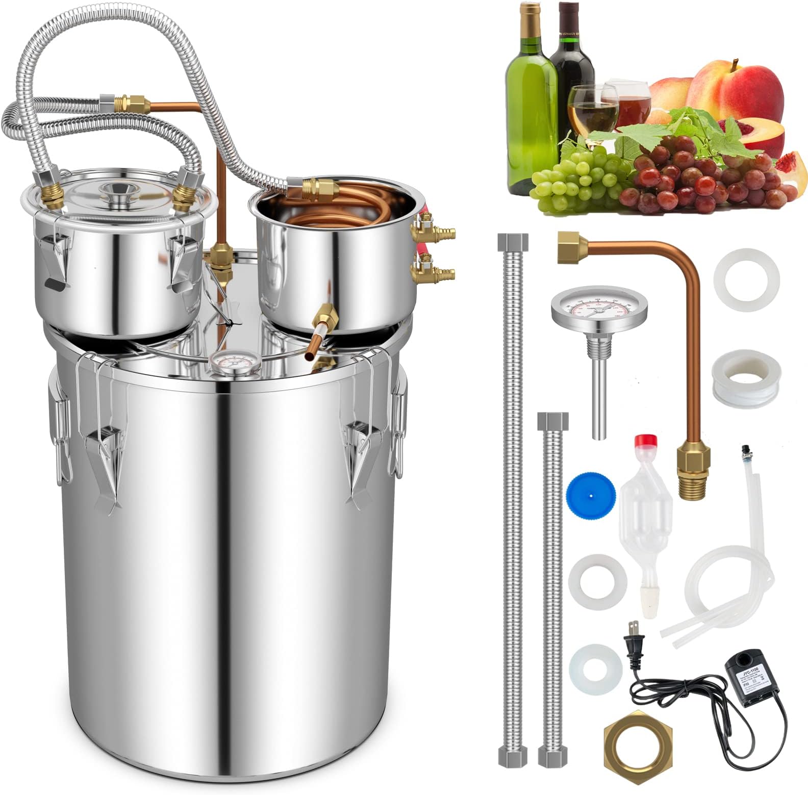 Giantex 10 Gal Alcohol Still, 3 Pots Stainless Steel Water, Alcohol, Oil Distiller Kit with Built-in Thermometer, Copper Tubes, Multifunctional Wine Making Boiler Kit for Whiskey, Brandy