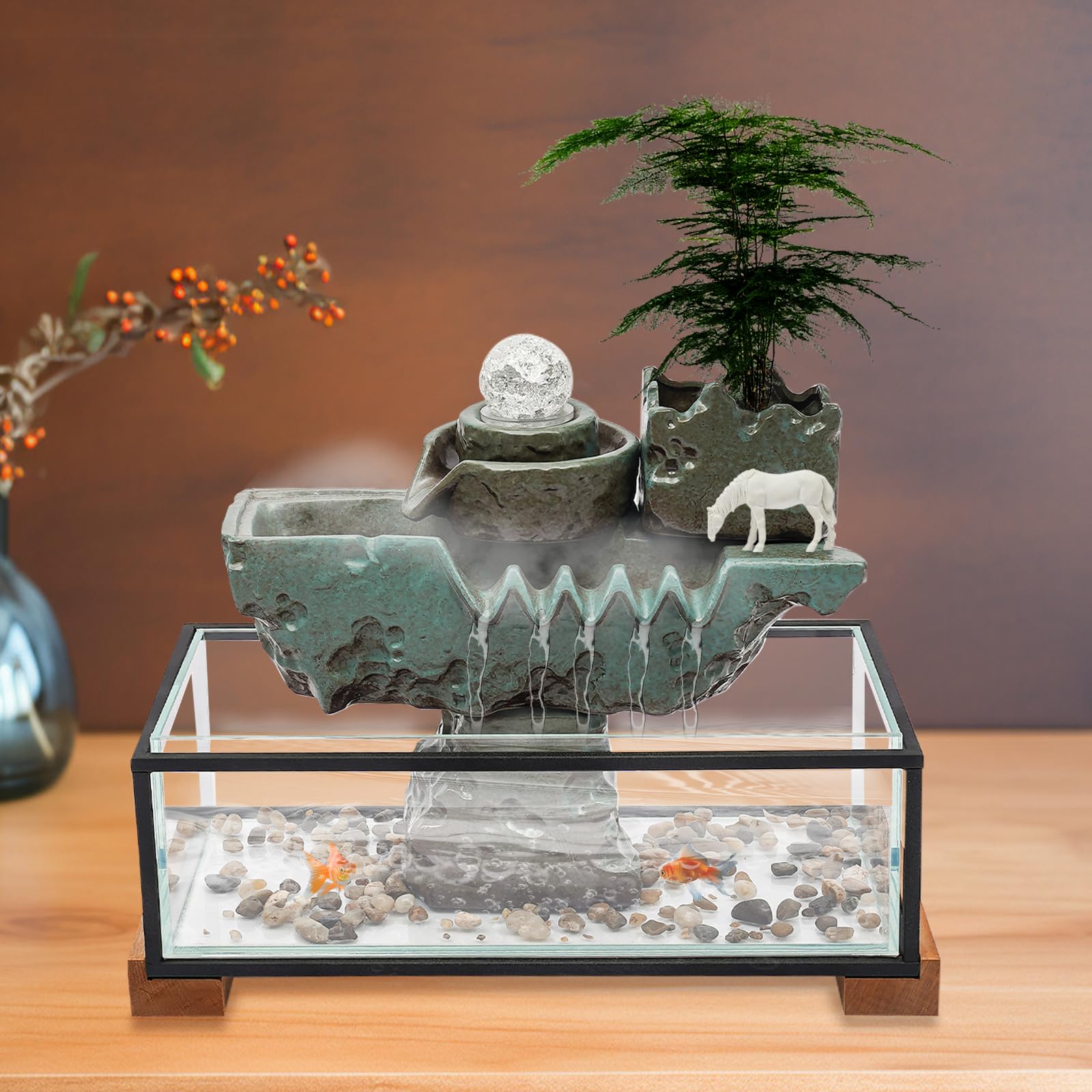 banborba Tabletop Eco Fish Tank Water Fountains, Indoor Waterfall Decoration with Mist, Crystal Ball for Meditation, Desk Fountain with Pump & Colorful LED Atomizer for Feng Shui Wealth Boom