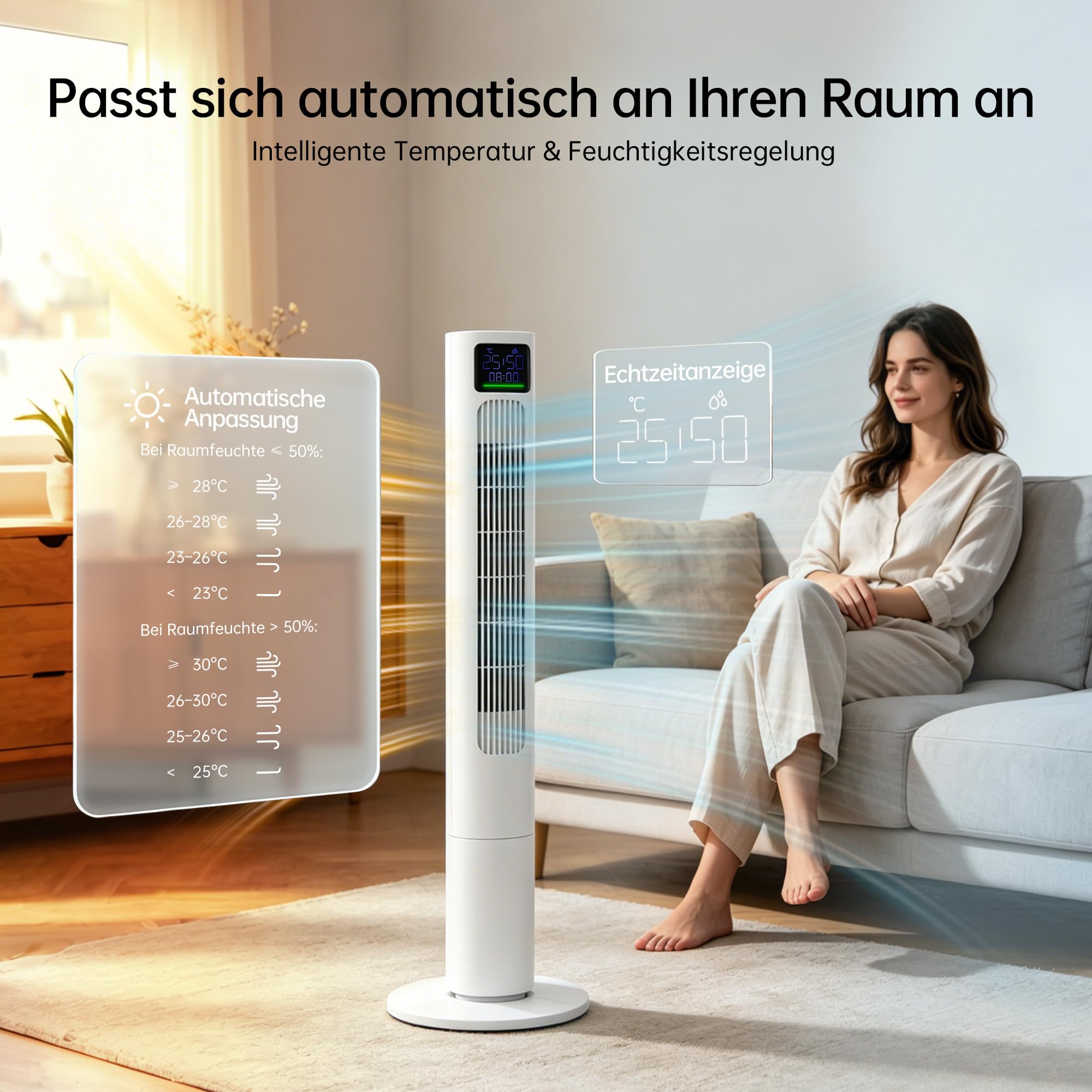 HEALLUX Turmventilator 115 cm, leiser Ventilator mit Fernbedienung, 10 m Wurfweite, 4 Geschwindigkeiten & 4 Modi, 90° oszillierend, 12h Timer, energiesparend, Tower Fan für Schlafzimmer, Weiß