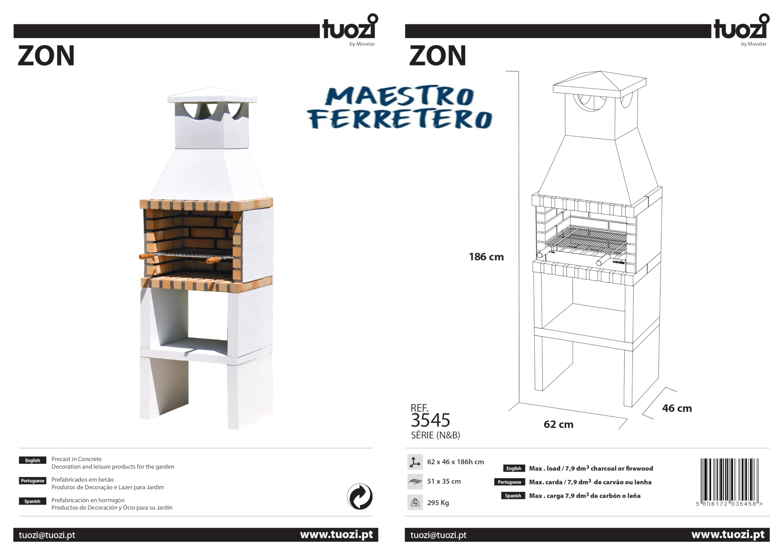 MOVELAR - Barbacoa de Obra Prefabricada de Leña y Carbón Modelo Niza/Zon Plus (Gris, Naranja - 62 x 46 x 186 cm) REF: 3545 - Cocina de Exterior Compacta para Jardín o Patio