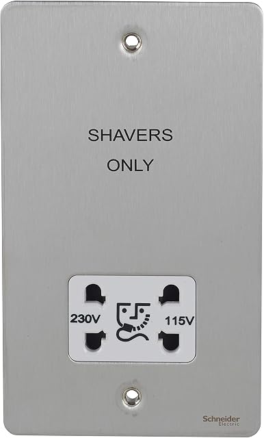 Schneider Electric Ultimate Flat Plate - Shaver Socket, Dual Voltage, 115/230V, GU7290WSS, Stainless Steel with White Insert