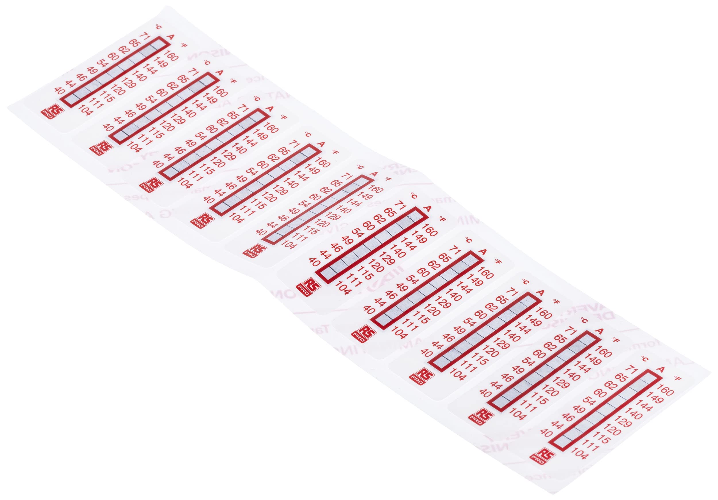 RS PRO Medidor de temperatura 40 °C / 71 °C, 9 rangos de medición 10 unidades, vertical, 51 mm, ancho de 18 mm, paquete de 10 unidades