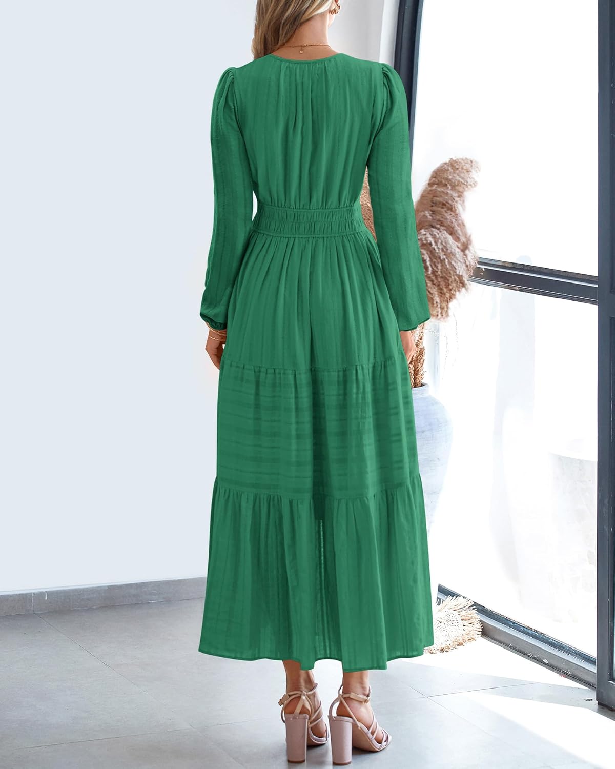 BTFBM Spring Dresses for Women 2026 Casual Long Sleeve V Neck Elastic Waist Lightweight Maxi Wedding Guest Dress Pockets - Image 3