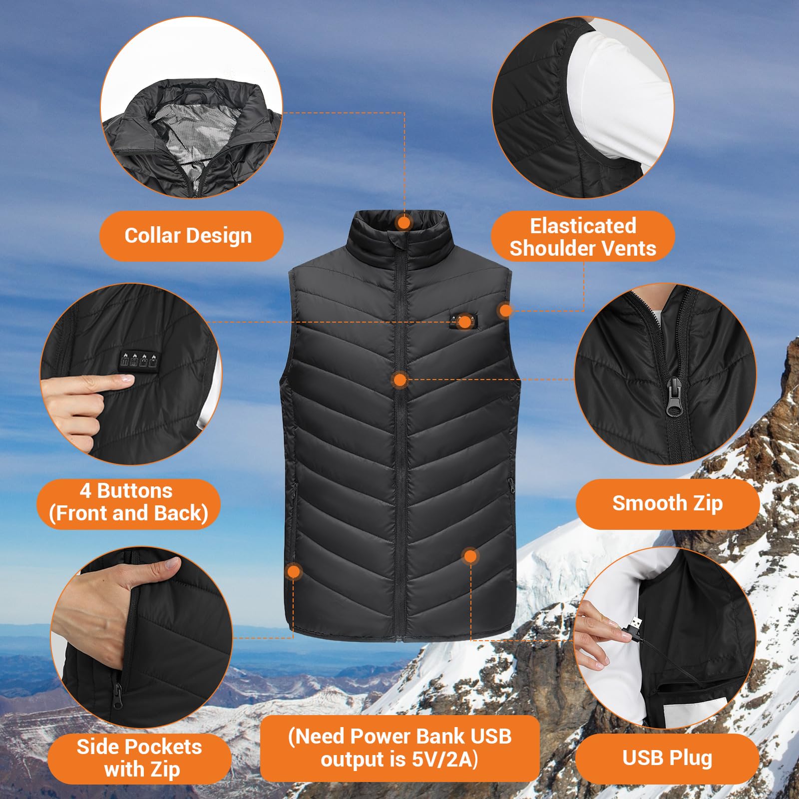 Gilet Riscaldato, Regolazione Della Temperatura a 3 Livelli, 17 Zone di Riscaldamento, Gilet Riscaldato Ricaricabile via USB, Giacca Riscaldata per Uso Esterno (Batterie Escluso) S Nero
