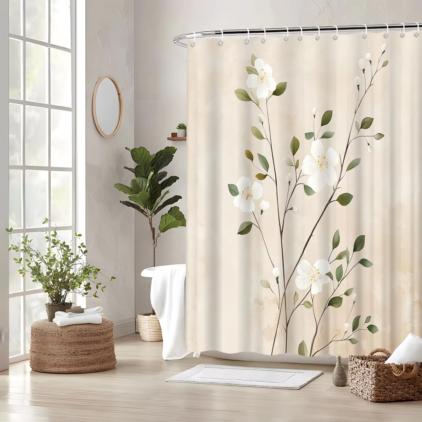 Cortina de Ducha Serene Garden, con Estampado de exuberante vegetación y nenúfares, de Tela de poliéster Impermeable (180x240cm (71x94in))