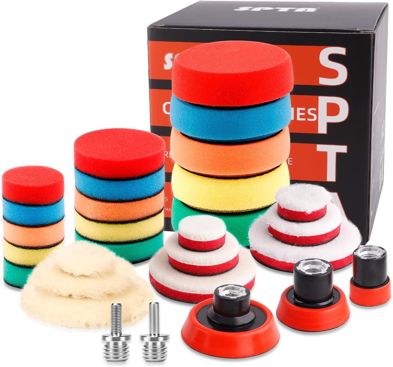 SPTA 29pcs Drill Buffing Pad Detail Polishing Pad Mix Size Kit with 5/8-11 Thread Backing pad & Adapters for Car Sanding, Polishing, Waxing (29Pcs Mini Polishing Pad Set1)