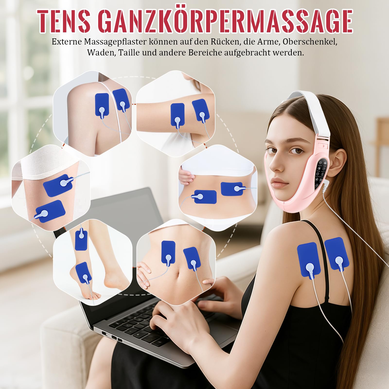 Elektrisches V-Face Shaping Massager,doppelkinn entferner 15 Intensitätsstufen 5 EMS Modi 5 Farben Phototherapie Gesichtsmassagegerät Gegen Falten Face Massager mit Fernbedienung, Typ-C