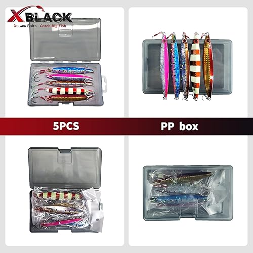 Miniatura 7 de XBLACK Hard Fishing Lures Jigging Bait Sinking Metal Spoons Set 5PCS with Tackle Box for Bass Pike Walleye Perch Fishing in Saltwater Freshwater,