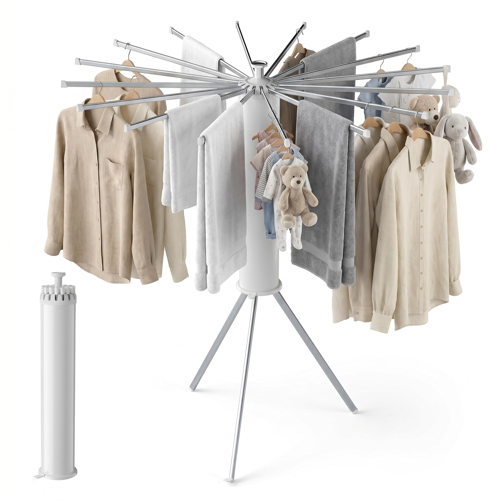 Étendoir à Linge Pliable 360° Pivotant – Séchoir à Linge Intérieur Extérieur Gain de Place avec 16 Bras en Acier Carbone, Étendoir Vertical Extensible pour Balcon, Camping, Buanderie