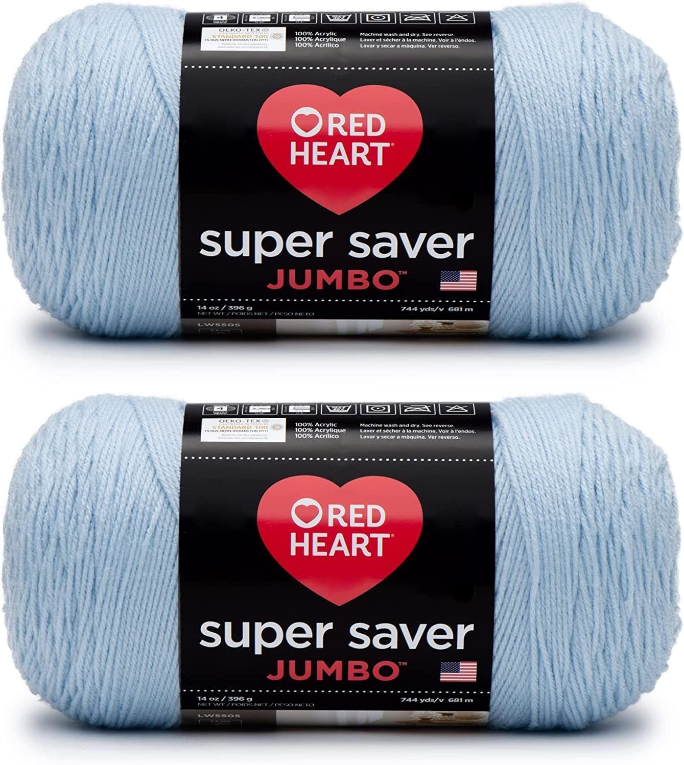 Red Heart Super Saver Jumbo Light Blue Yarn - 2 Pack of 396g/14oz - Acrylic - 4 Medium (Worsted) - 744 Yards - Knitting/Crochet