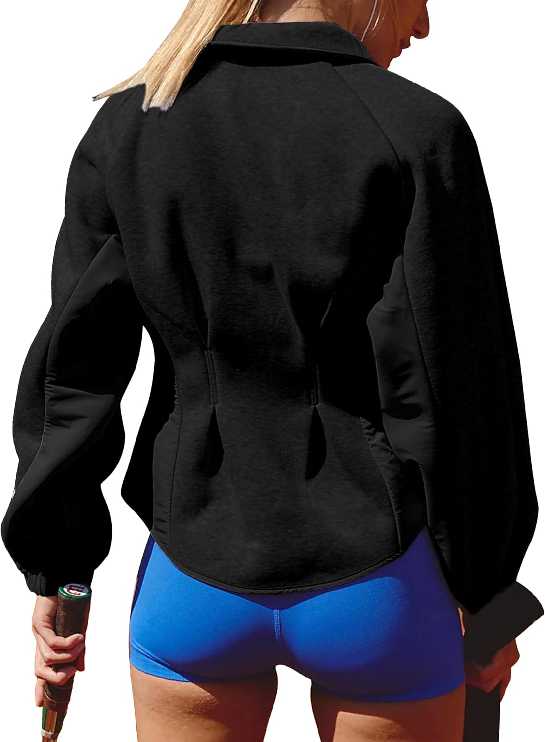 Women's Zip Up Sweatshirt with Balloon Sleeves Casual Athletic Jacket for Workouts Cropped Tops with High Low Hem