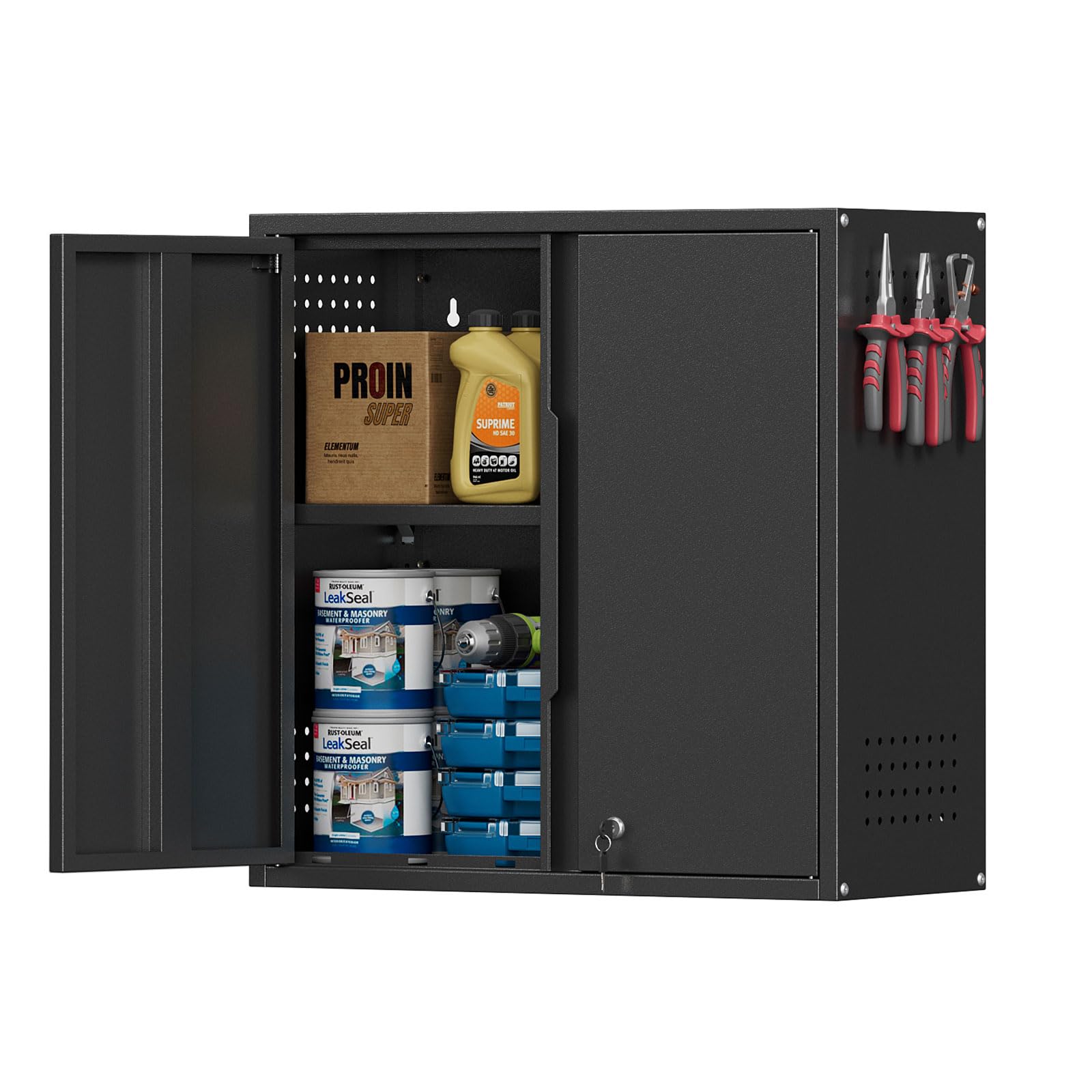 Garage Wall Cabinet, Metal Garage Cabinets with 2 Doors and Adjustable Shelf, Lockable Floating Tool Cabinet with Pegboard, Black Steel Wall Mounted