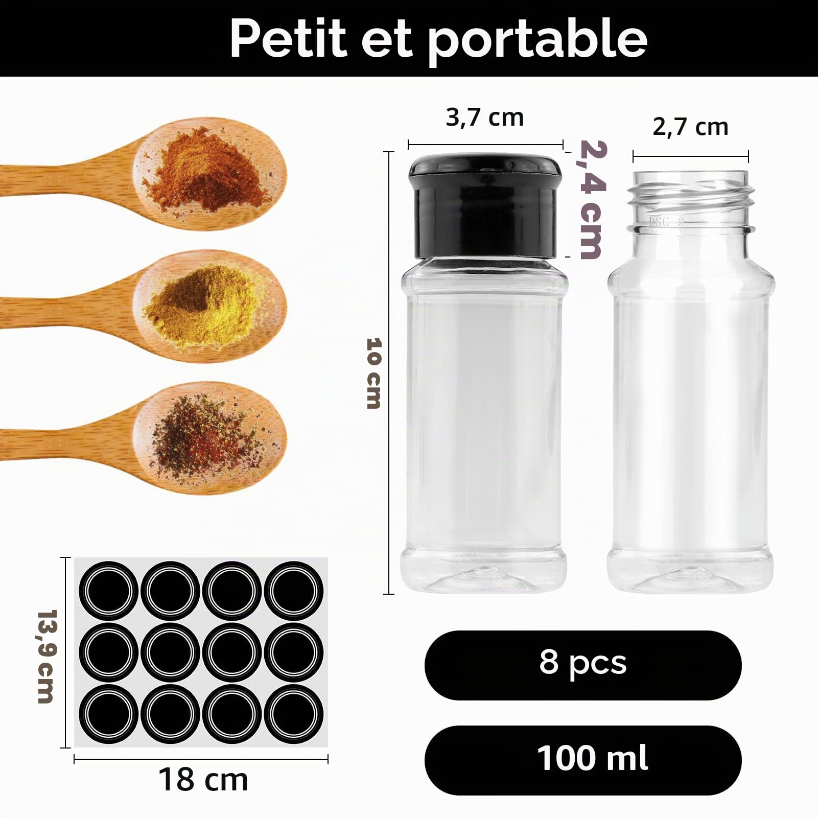 Lot de 8 Pot à Épices -Bocaux à Épices a Epices Cuisine Rangement-Plastique - Avec étiquette(100ML)