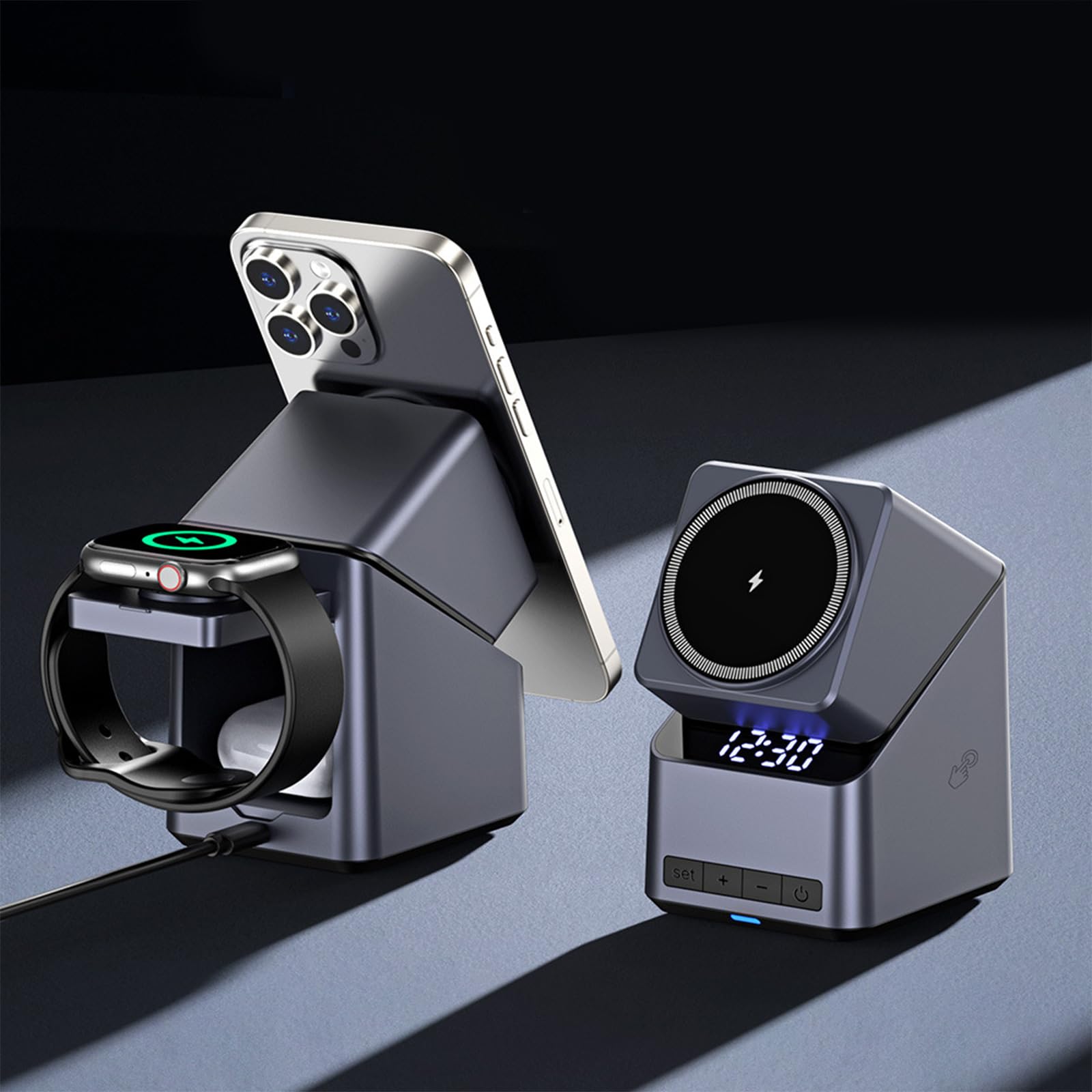 Hub de charge rotatif tactile 15 W pour téléphone portable, écouteurs, montre intégrée, horloge numérique LED intégrée, station de charge multifonction