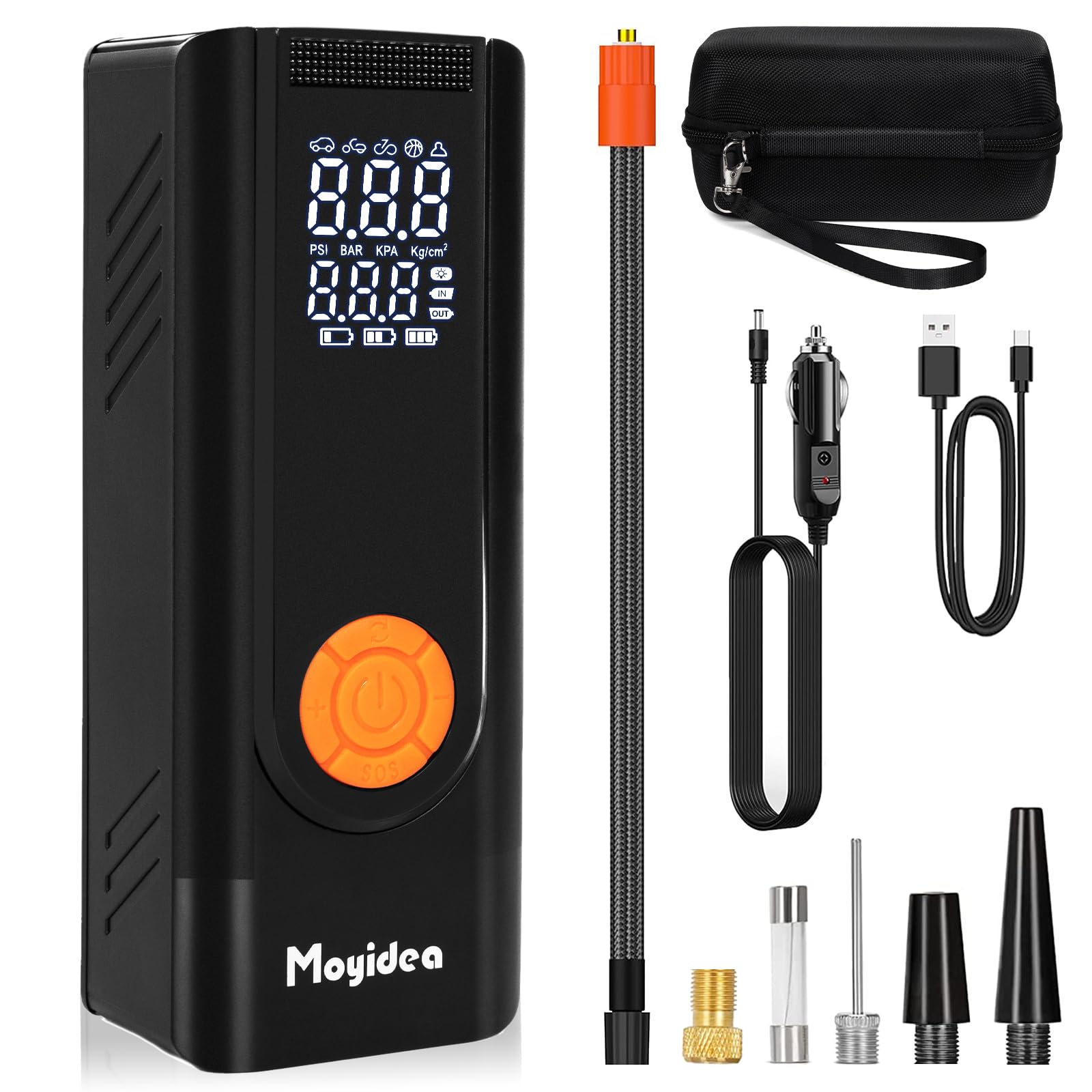Moyidea Tire Inflator Portable Air Compressor Fast Cordless Air Pump Battery & Cigarette Lighter Plug Dual Power Electric Tire Pump-for Car Motorcycle Bike Ball Car Accessories-with Storage Bag