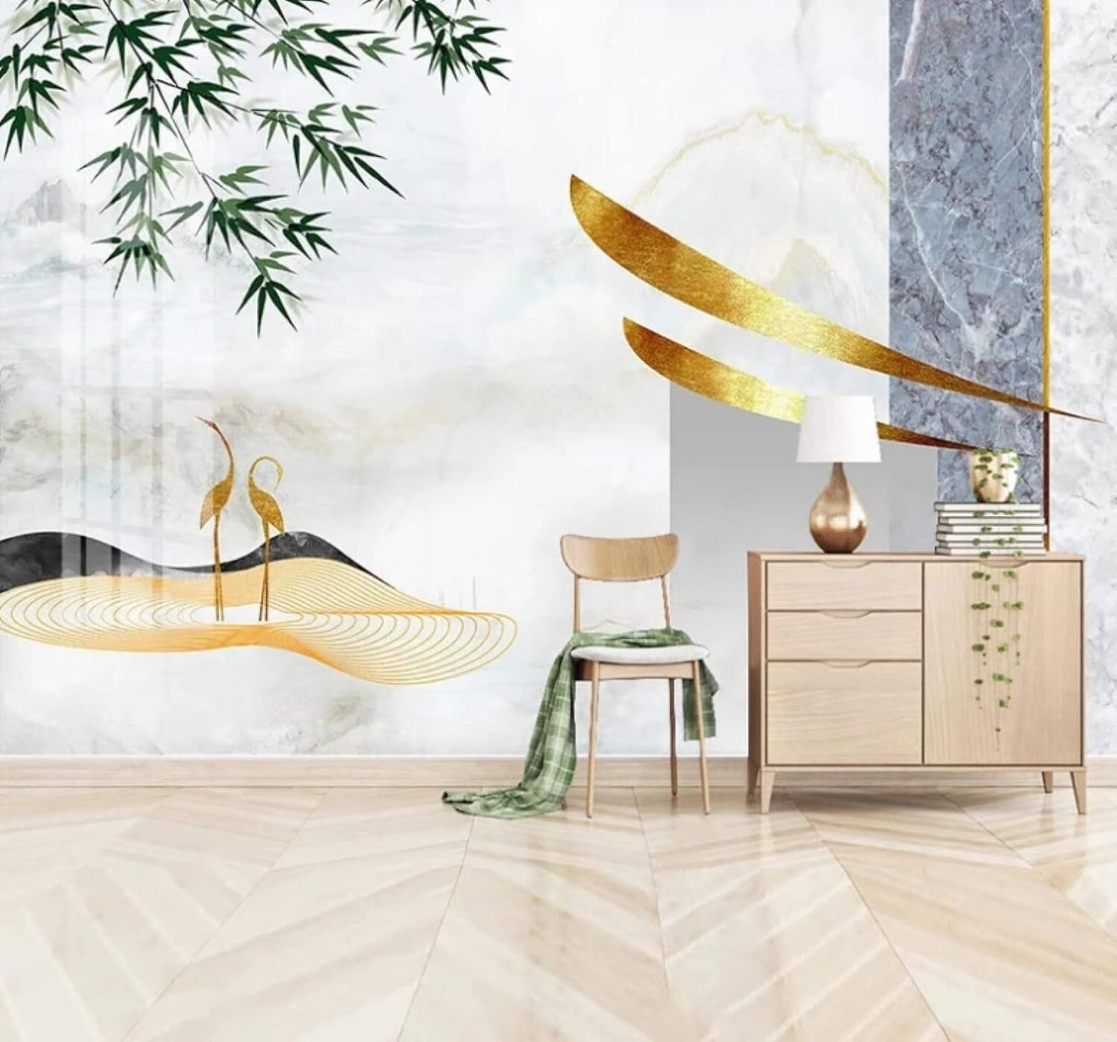 Bamboo Leaves Geometric Patterns Faux Marble Landscape 3D Wallpaper Easy Install Feature Office Living Room Sofa Bedroom TV Background Wall Decoration-250cm×170cm