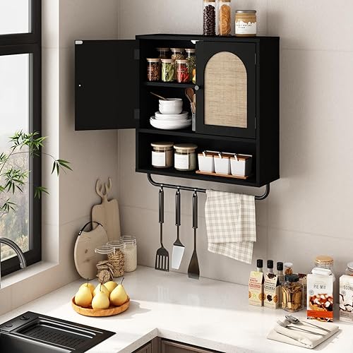 Miniatura 7 de RUSTOWN Armario de pared de baño de ratán, boho, boho, con 2 puertas arqueadas, armarios de almacenamiento sobre el inodoro con estantes ajustables