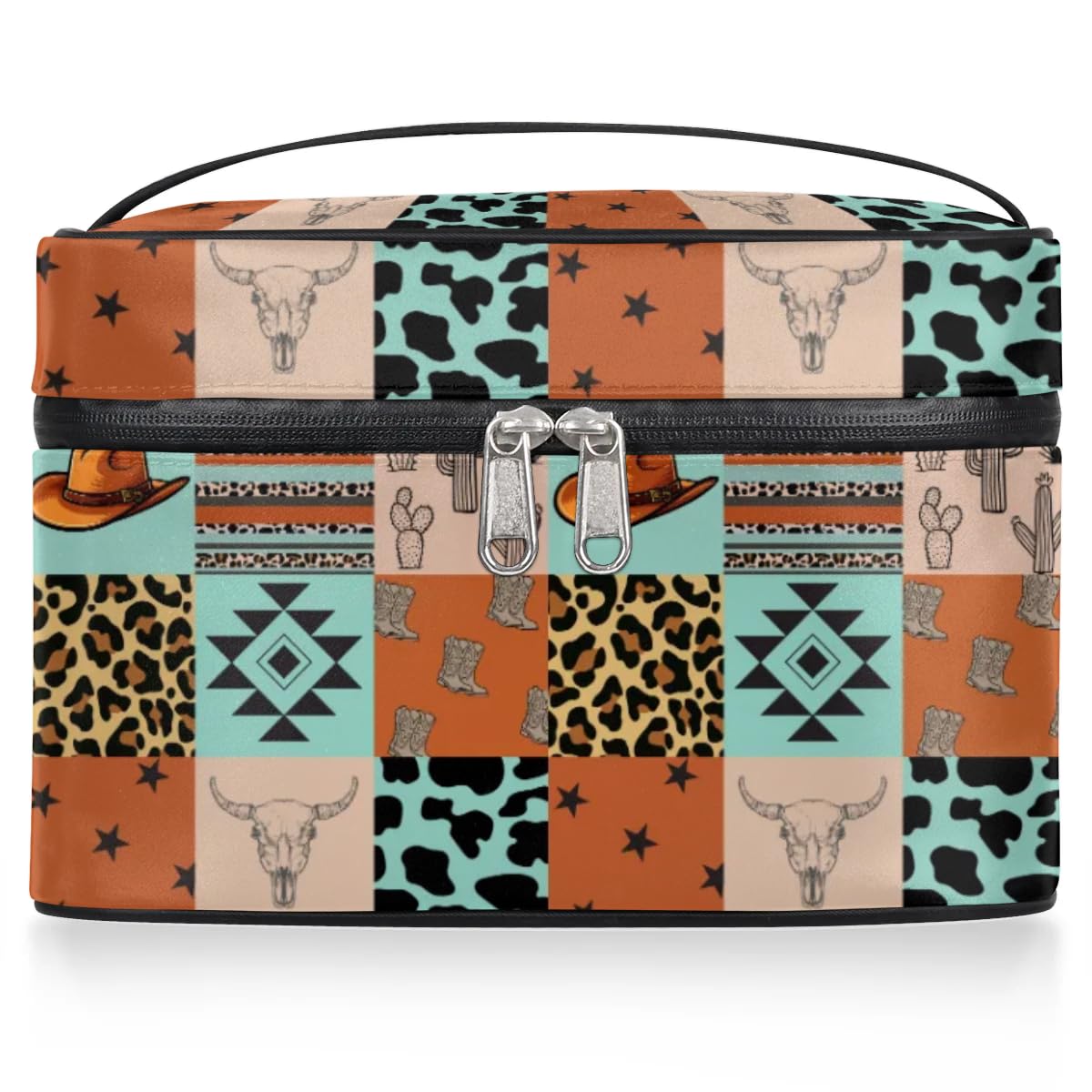 OMFUNS Cow Skull Makeup Bag, Western Stuff Travel Cosmetic Bag for Women Girls Large Capacity Make Up Case Cosmetic Organizer Toiletry Bag Zipper