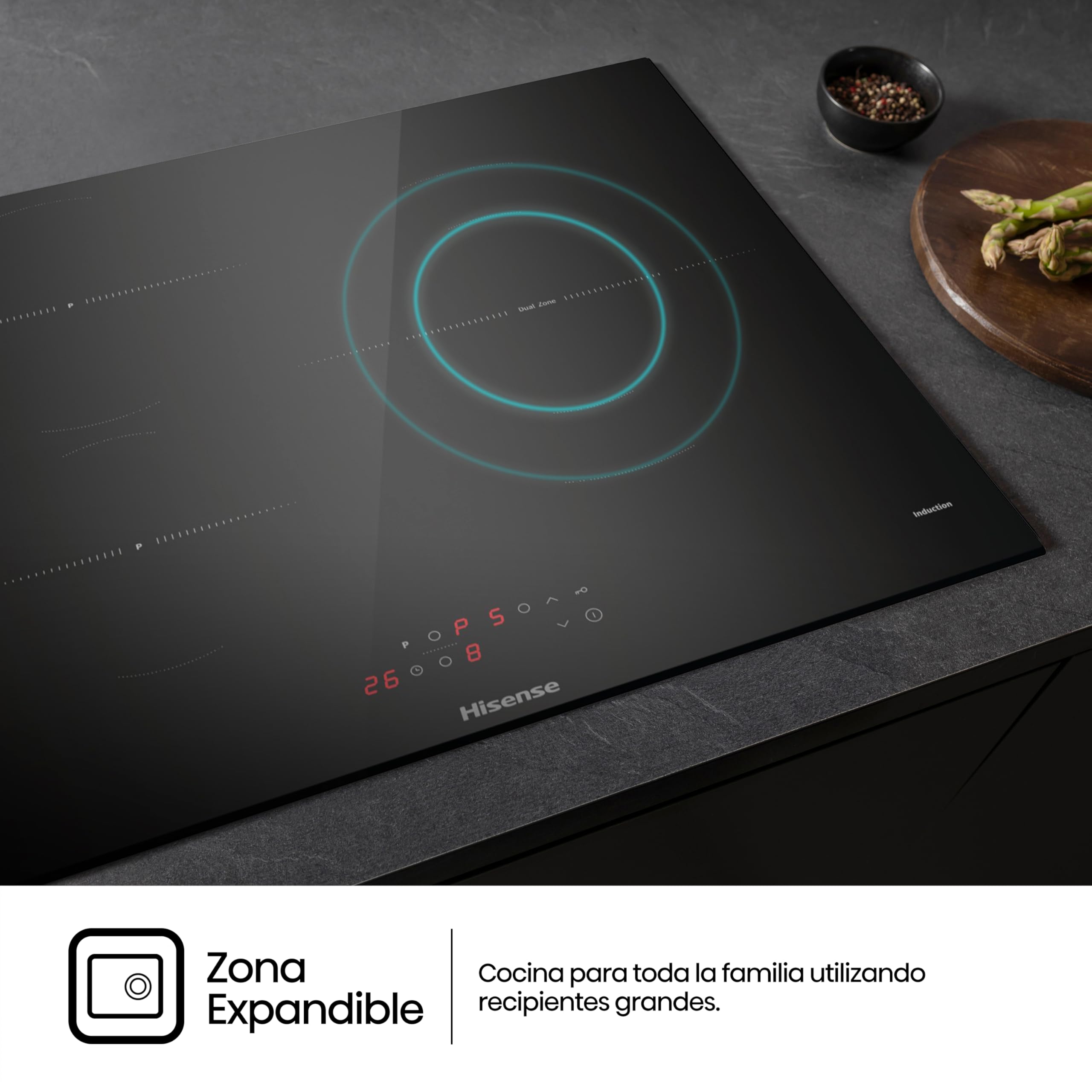Hisense HI6321BSCE - Placa Induccion, Vitroceramica, 3 Fuegos, 7200W, Calentamiento Rápido Power Boost, Contol Táctil, Zona Expandible