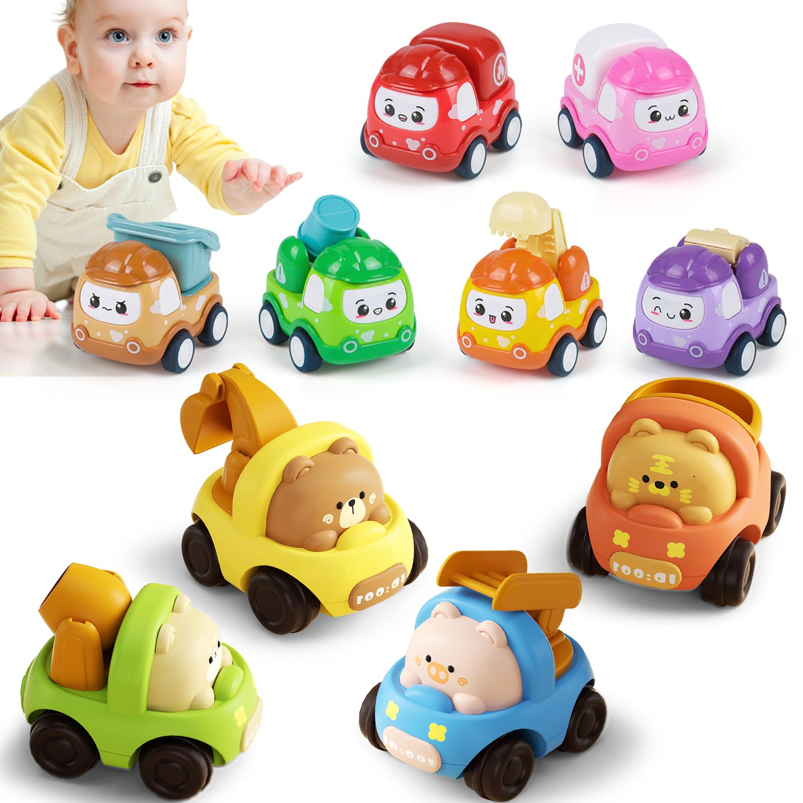 Toys for 1 Year Old Boy Gift, 10 Pcs Baby Boy Car Toys 12-18 Months, Pull-Back Trucks for Toddlers Age 1-3, Mini Friction Power Vehicles Animal Racing Car Set, 1st Birthday for Boy Girl